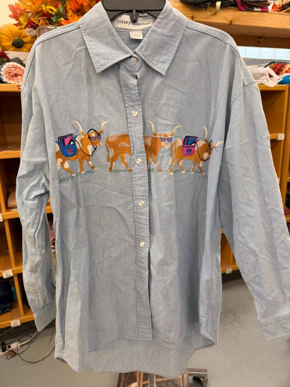 light blue denim/chambray embroidered button-down shirt by Casey Coleman